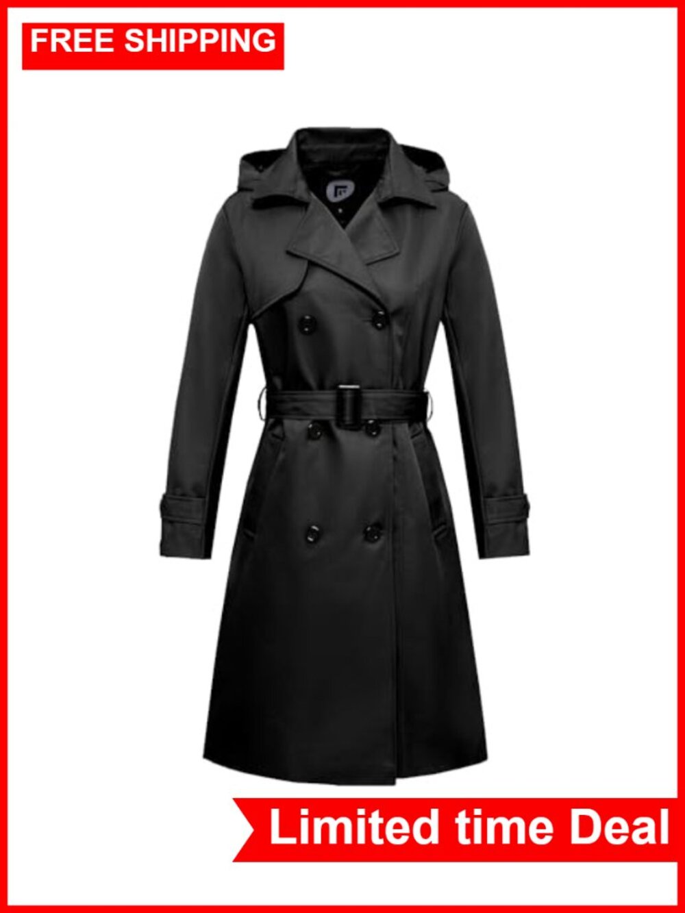 Women's Long Waterproof Trench Coat Double Breasted Belted Detachable Hood